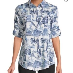 Karl Lagerfeld Paris Blue White Blouse XL Roll Sleeve Toile Novelty Print